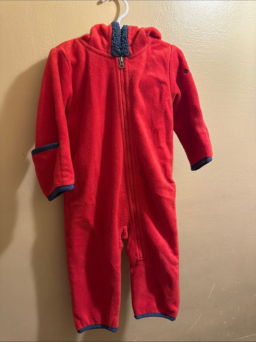 Columbia Red Fleece Hooded One-Piece Bodysuit with Navy Trim